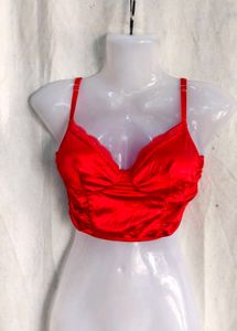 Satin Lace Trim Ruched Crop Top