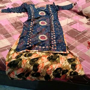 Navy Blue Kurta Set with Printed Skirt