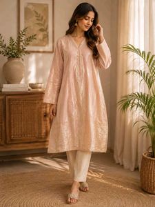 Elegant Peach Kurta with White Pants