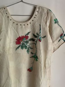 Cream Floral Print with rhinestone Kurta