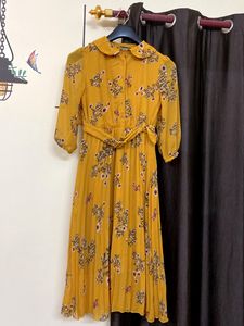 SASSAFRAS Mustard Yellow Pleated Floral Dress