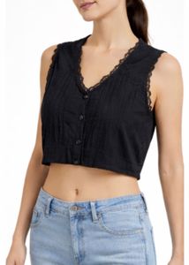 Sleeveless Black Crop Top with Lace Detail
