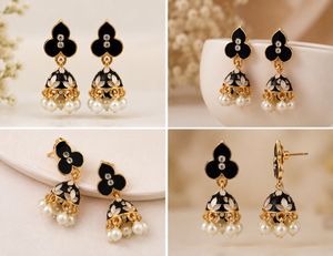 Black & Gold Jhumka Earrings with Pearls