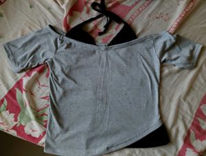 Grey Off-Shoulder Top with tie up at the neck