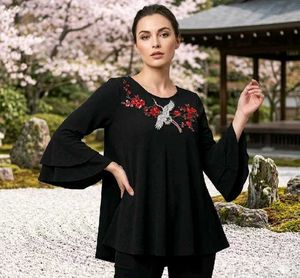 Chic Black Top with Crane Embroidery