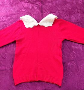 Bright Pink Sweater with Crochet Collar