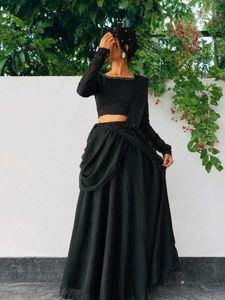 Pre draped black saree lehenga