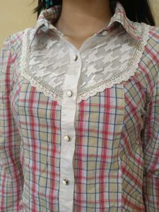 Plaid Long Sleeve Shirt with Lace Detail