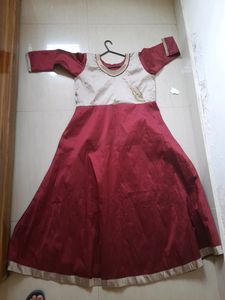 Tafetta Silk Long Kurti Gown Maroon Gold Wedding