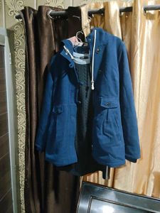 Blue Hooded Buttoned Coat winters and dress free