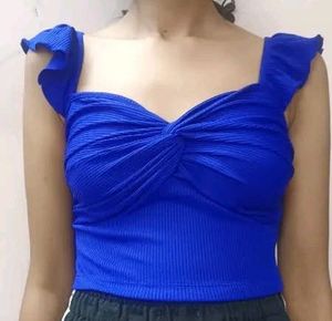 Blue Ruffle Sleeve Twist-Front Top