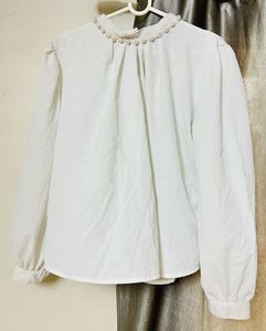 Elegant Pearl Neckline White Top