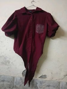 Burgundy Tie-Front Top with Sequin Pocket