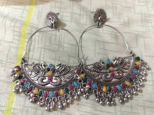 Boho Peacock Oxidised Hoop Earrings