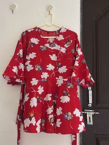 Red Floral Ruffle Sleeve Wrap Top