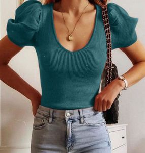 Teal Ribbed Puff Sleeve Top