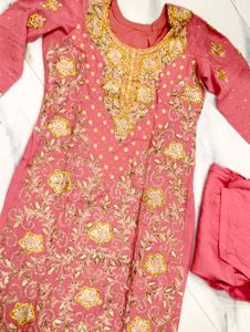 zardozi Embroidered carrot pink Kurta shalwar Set