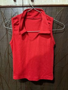 Red Sleeveless Collared Top