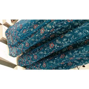 Elegant Teal Blue Party Wear Net Gown with Heavy S