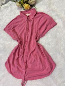 Chic Pink Short Sleeve Button-Up Top