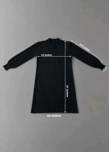 BLACK RIBBED HIGH NECK FLARED SWEATER DRESS