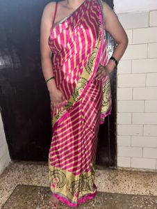 Vibrant Pink &amp; Gold Striped crepe Saree