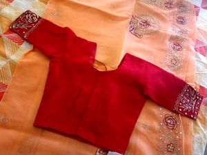 Beautiful Peach Saree with Red Blouse