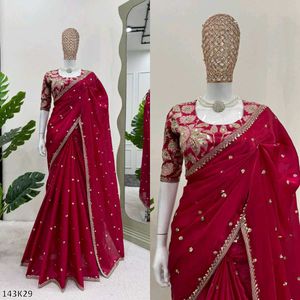 Elegant Red Embellished Saree with Blouse