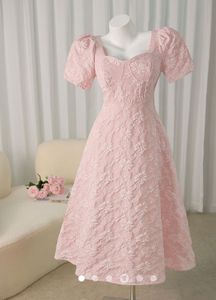 Chic Pink Lace Puff Sleeve Dress