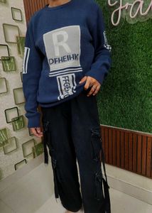 Navy Blue Graphic Knit Sweater