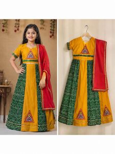 Kids Yellow & Green Bandhani Lehenga Choli