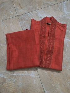 Men's Orange Embroidered Kurta