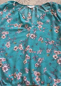 Teal Floral Print V-Neck Blouse