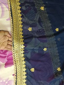 Navy Blue Net Dupatta with Gold Border