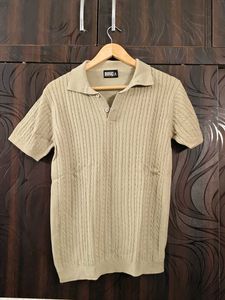 Men's Short Sleeve Cable Knit Green Polo Shirt