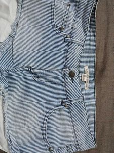 Striped Denim Shorts with Ruffled Hem