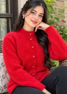 Red Fuzzy Button-Down Cardigan