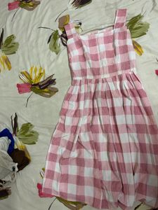 Pink Gingham Square Neck Dress