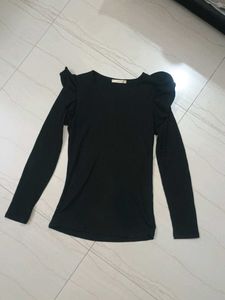 Elegant Black Long Sleeve Top|Designer shoulders