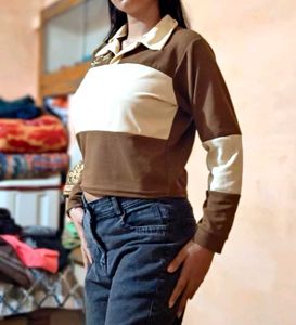 Korean Brown Colorblocked Crop Top