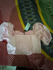 Pink Puff Sleeve Ruched Crop Top