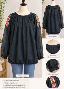 Black Floral Embroidered Balloon Sleeve Top