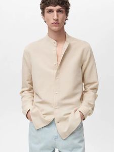 Mango Man Beige Band Collar Shirt