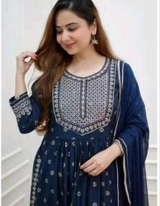 Blue Nyra Cut Embroidery Kurti Set
