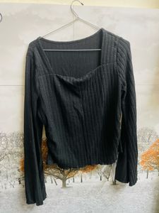 Black Ribbed Square Neck Top