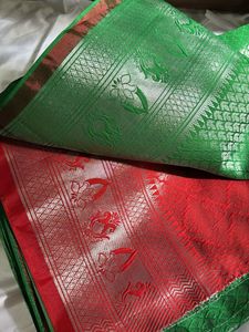 ‼️OFFER ‼️Parrot Green Saree With Stitched Blouse