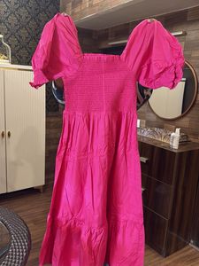 Vibrant Pink Puff Sleeve Midi Dress
