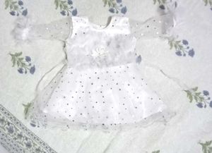 Girls White Star Print Net Frock with Ruffle Sleev