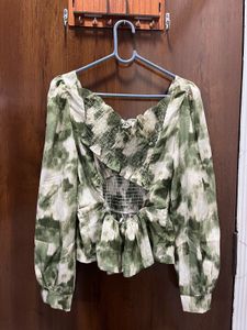 Green Tie-Dye Smocked Peplum Top