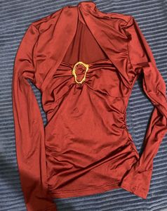 Burgundy Ruched Metallic-Detail Long Sleeve Top